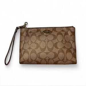 Coach Signature Canvas Brown Wristlet Logo Small Pouch Zip Clutch Wallet